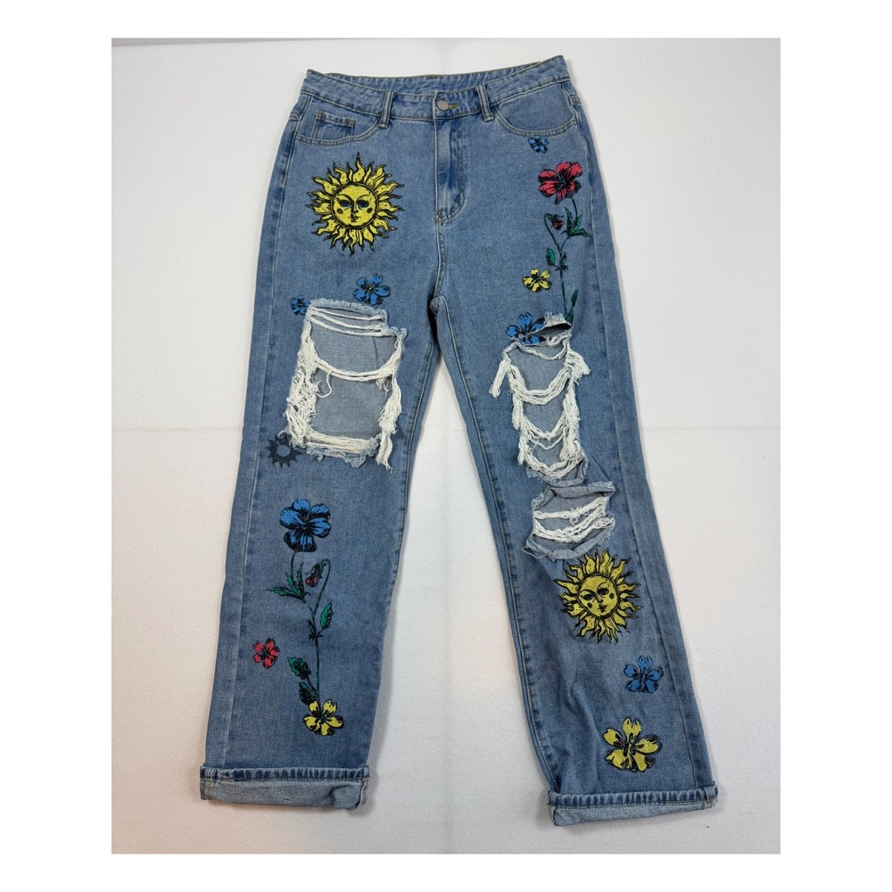 Boho Celestial Distressed Graphic‎ Jeans Women Med Blue Sun Floral Straight Leg